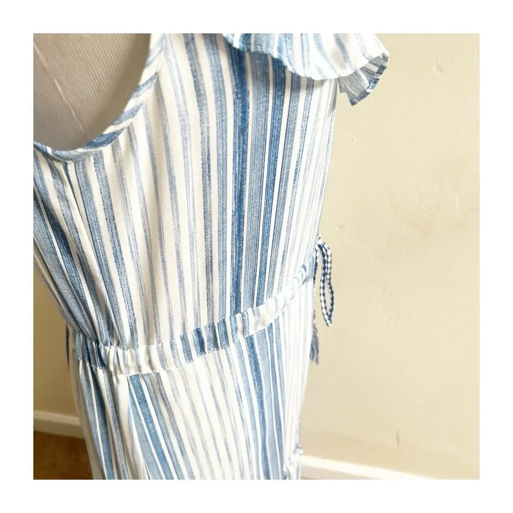MISA Los Angeles Medium Aleja Stripe Print Linen Midi Dress White Blue Tassel